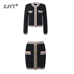 ZJYT Autumn Winter 2024 Designer Color Block Sweater and Skirt Sets 2 Pieces Women Elegant Party Outfit Casual Vintage Suits