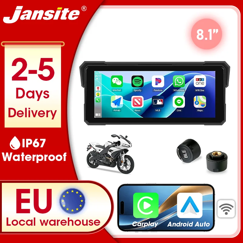 Jansite 7/8,1 Zoll GPS für Motorradnavigation, kabelloses CarPlay, Android Auto, IPX7, wasserdicht, IPS-Bildschirm, digitales Moto-Armaturenbrett, TPMS
