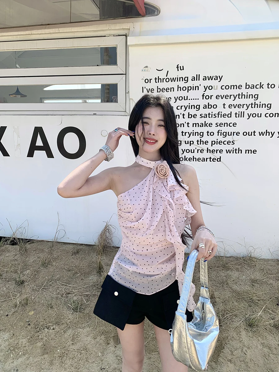 

Женская летняя блузка Joeyoo Confion из шифона в горошек с асимметричным вырезом на плече и поясом