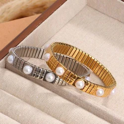 Loe| Korean Fashion Elastic Pearl Bracelet. Stainless Steel .Casual Sport Jewelry. New 2024