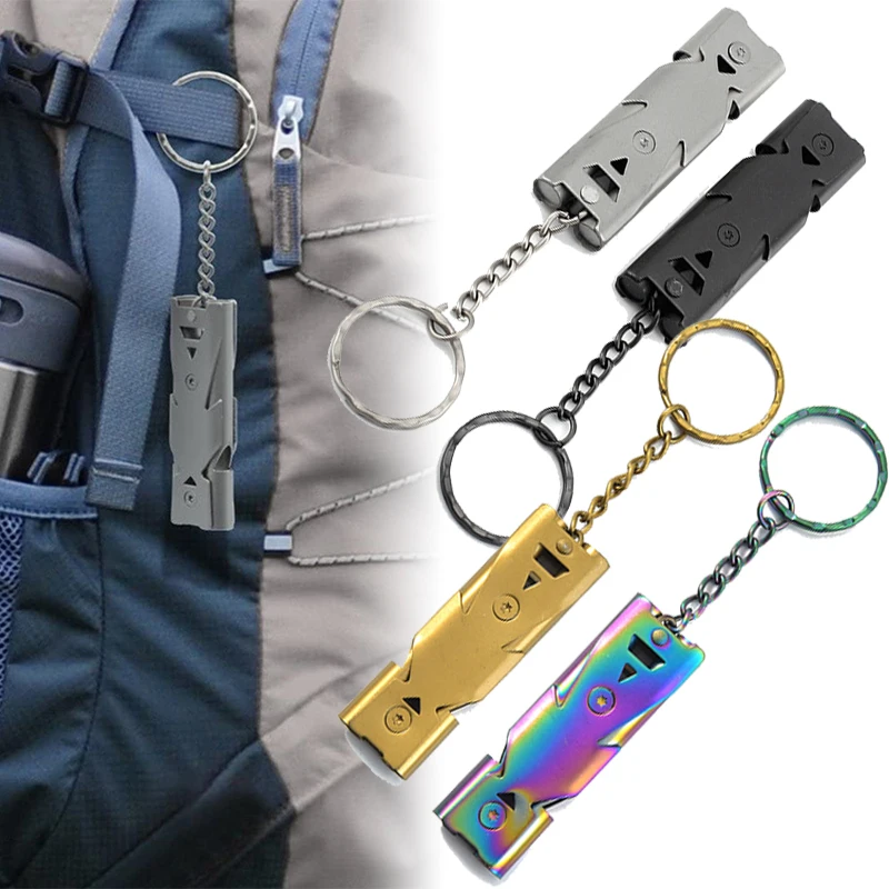 Portable Keychain Whistle Stainless Steel Double Pipe Emergency Survival Whistle Multifunction Tools Keychain Accessories