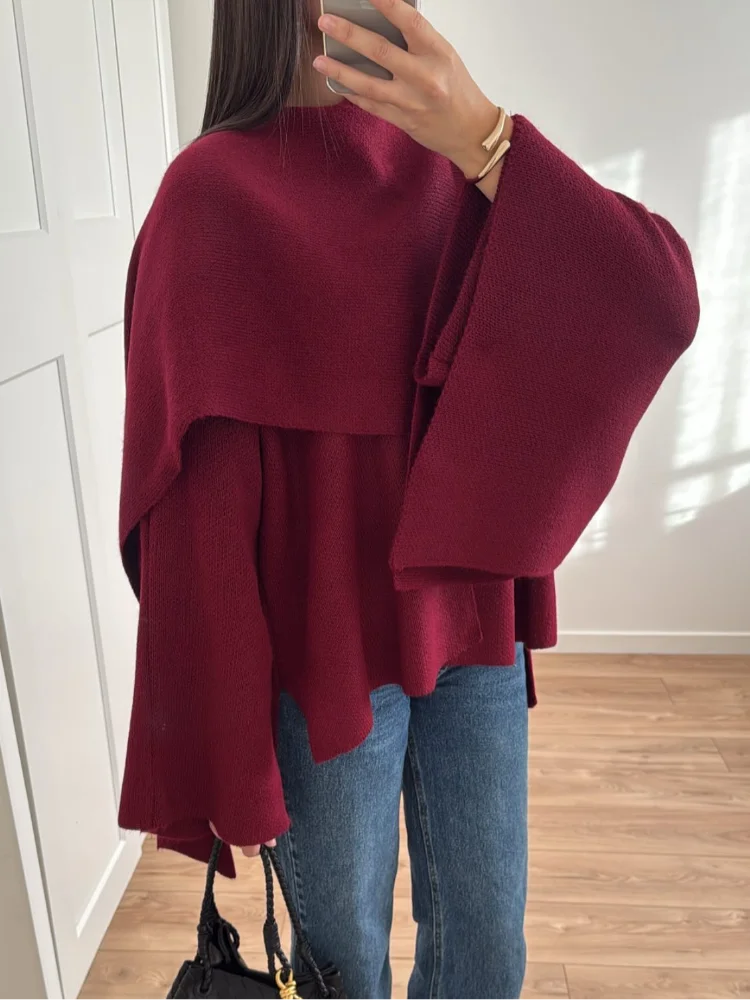 2024 Burgundy Women\'s Chic Scarf Collar Jackets Autumn Fashion Long Sleeved Casual Loose Coat New Ladies Elegant Street Outwear