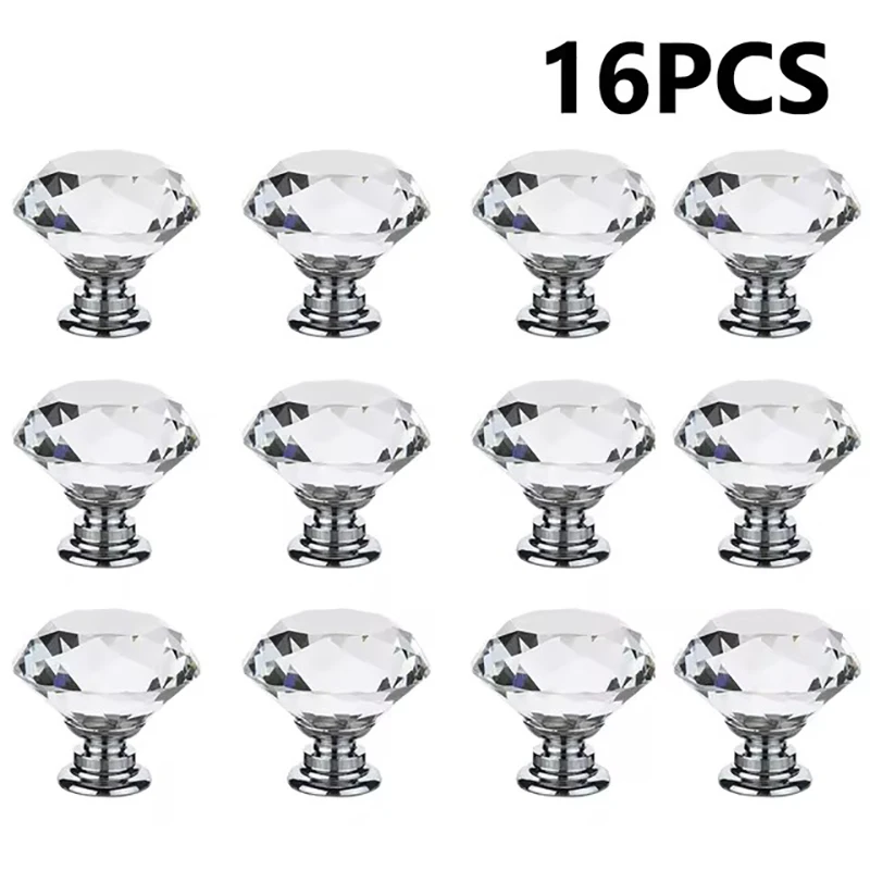 16Pcs/set 30mm Diamond Shape Design Crystal Glass Knobs Cupboard Drawer Pull Kitchen Cabinet Door Wardrobe Handles Hardware