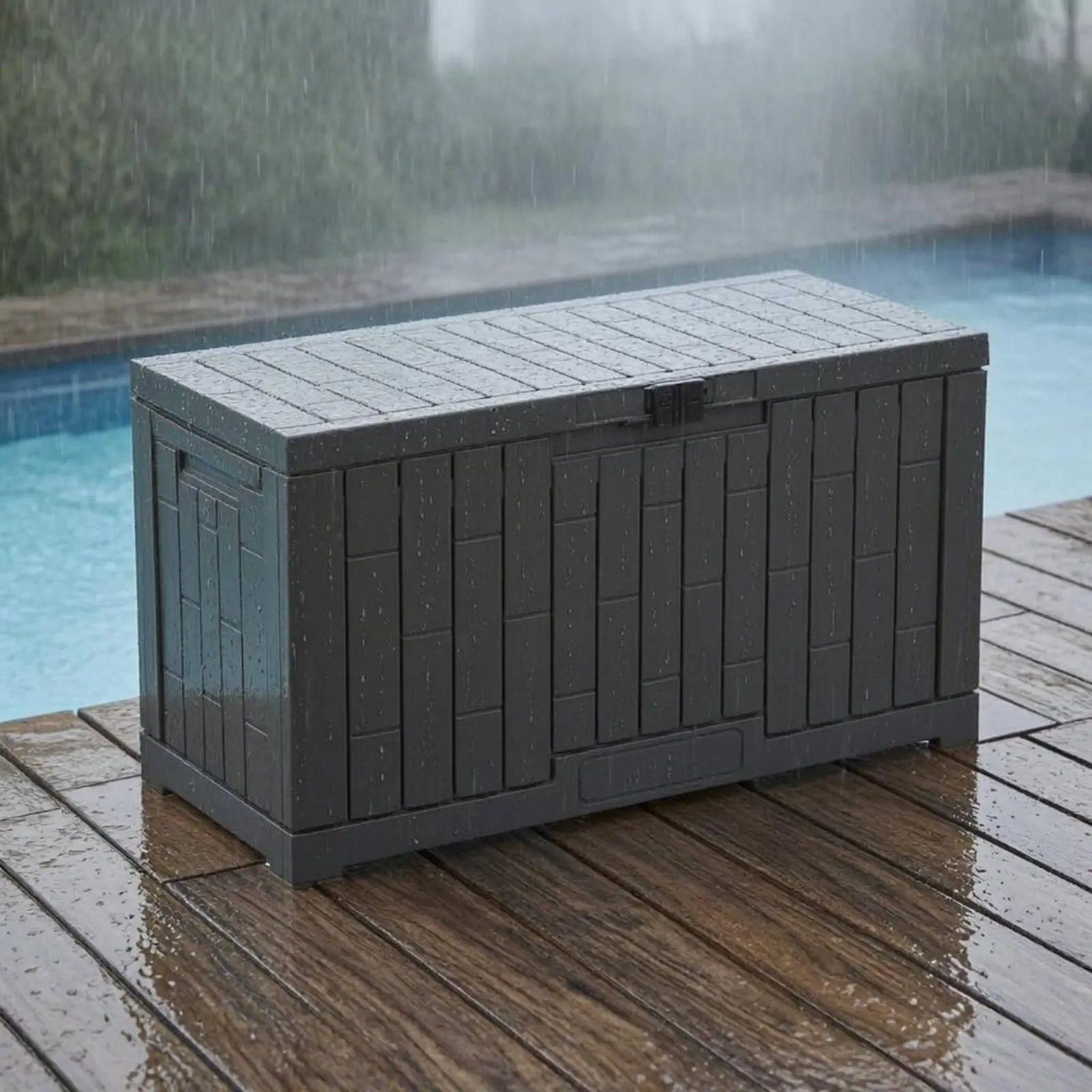 Resin Deck Box Rectangular Outdoor Storage Box Lockable Storage Container Hinged Lid Paneled for Garden, Poolside view 6