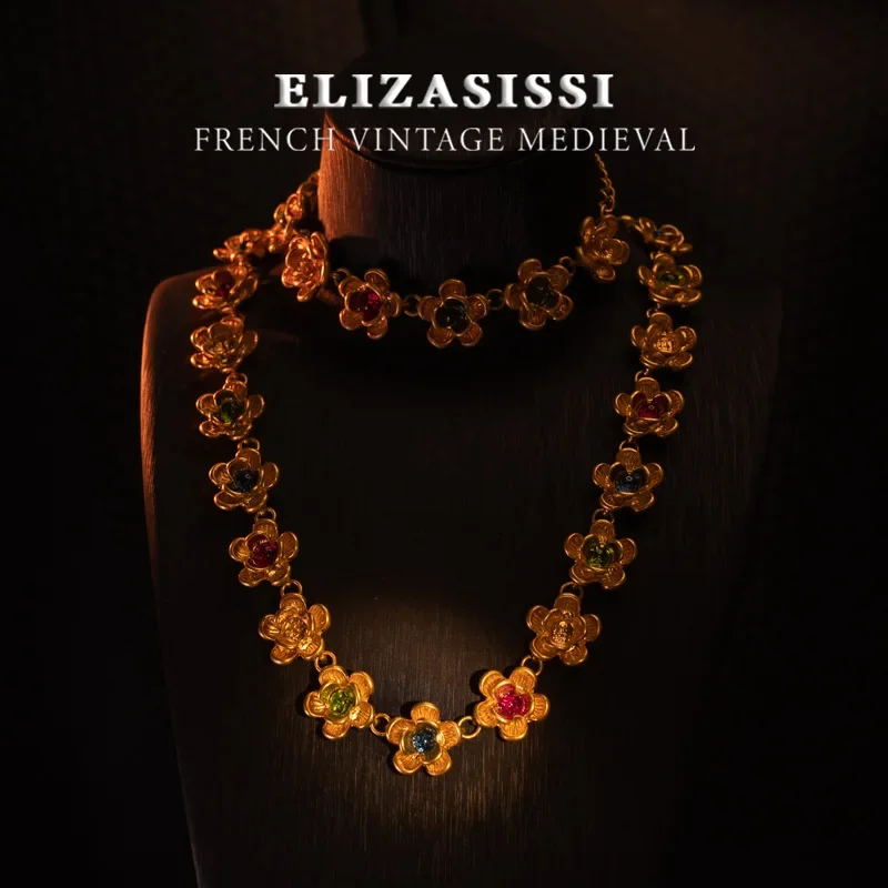 

Fashion medieval, Western retro flowers warm gold real gold collision color glazed heavy industry marking, necklace bracelet set