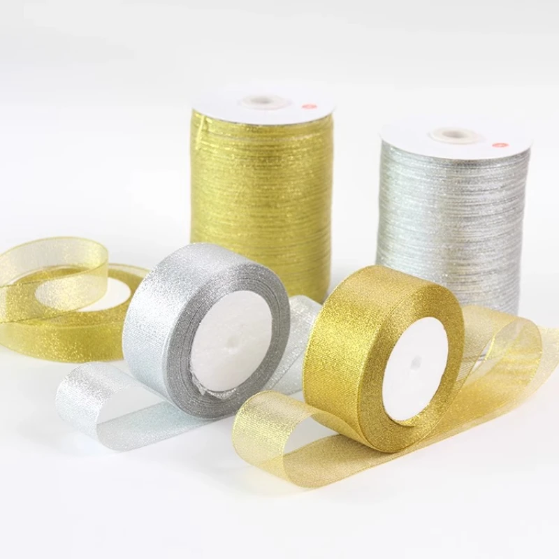 6 ミリメートル〜 50 ミリメートルゴールドシルバーメタリックグリッターリボンアパレル DIY 弓アクセサリー工芸品縫製生地ギフトラップホリデーデコレーション