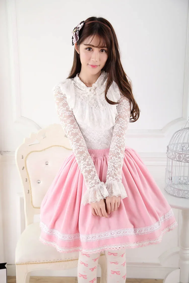 Saia Lolita rosa doce com arco e corrente pérola, elástico na cintura, saia curta flush polar flush da senhora plissada, inverno