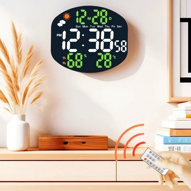 Weather Station Large Digital Wall Clock TEMP Humidity Date Week Night Mode Table Clock 2 Alarm 12/24H USB LED Alarm Clock