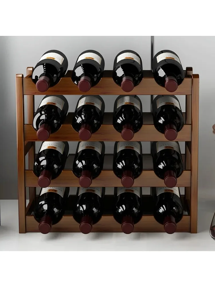 Stojak na wino, regał ekspozycyjny, bambusowy stojak na butelki wina, mały, prosty, ekonomiczny, małe ozdoby, szafka na wino, przechowywanie w kratkę. (Tea color 3layer43cm) — Zdjęcie 2 z 2