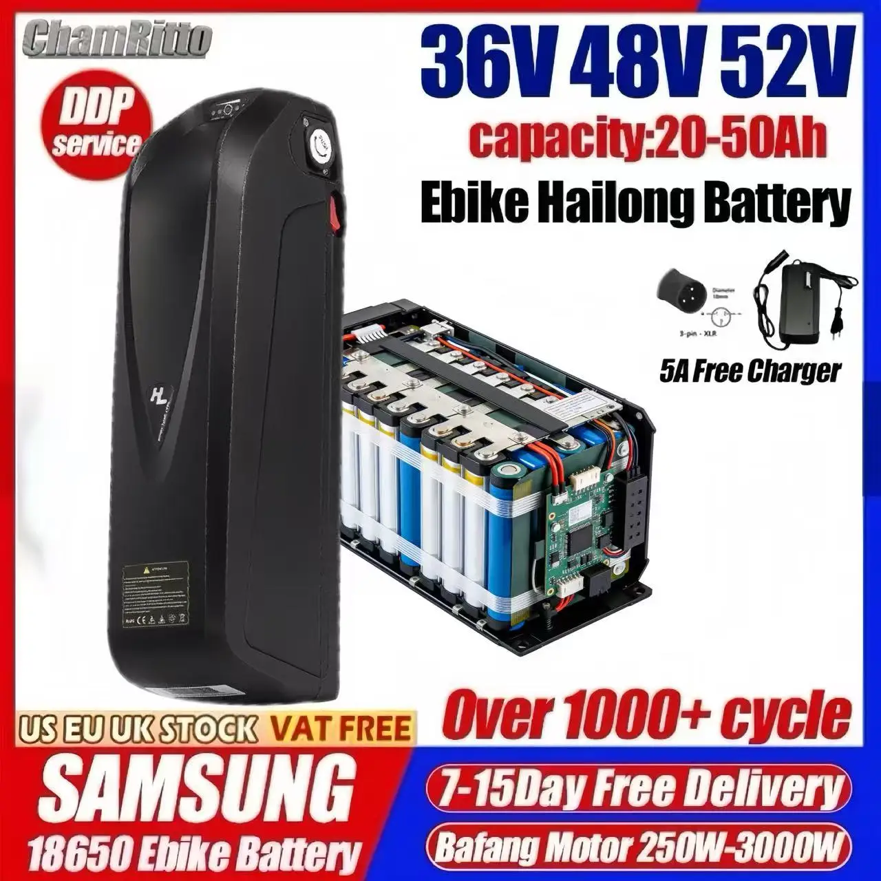 

Аккумулятор для электровелосипеда 36В 48В 52В, 20Ач 25Ач 30Ач 40Ач 50Ач, литиевая батарея для электровелосипедов с мотором Bafang 750Вт 2000Вт