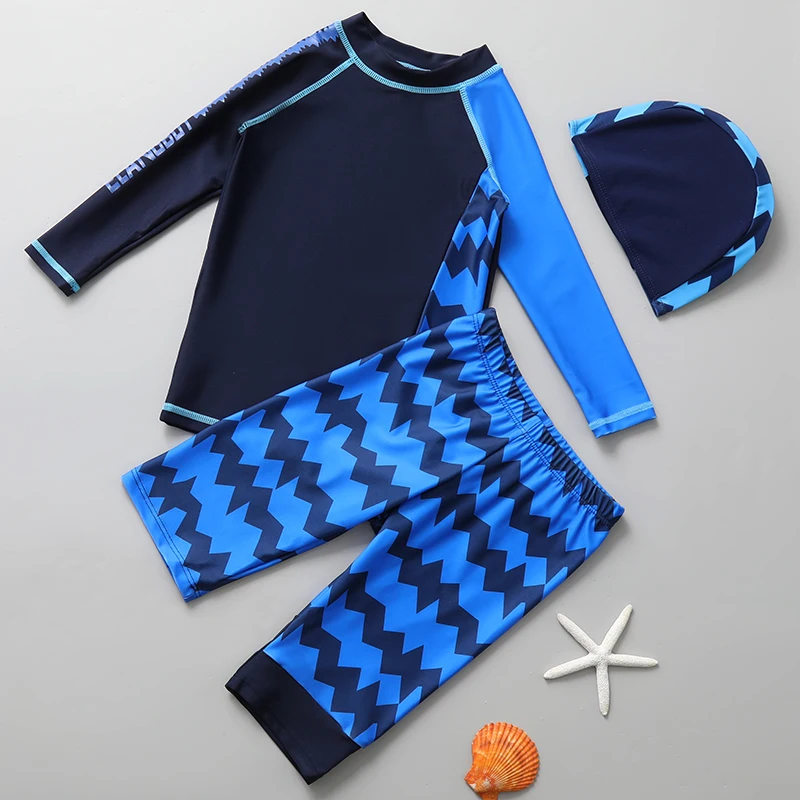 Children's swimsuit boy split medium big kids plus-size five-point pants long sleeve sun protection quick-drying boy swim set