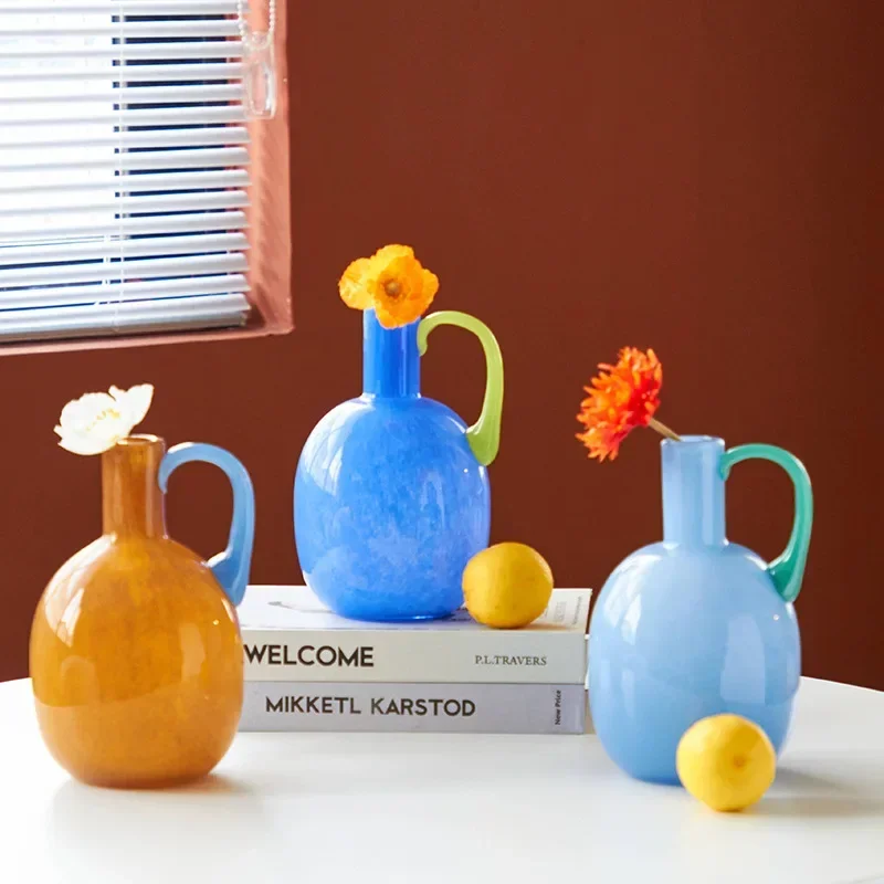 Single Ear Glass Vase Atmosphere Desktop TV Cabinet Soft Decoration Hotel Decoration Hydroponic Color Bottle