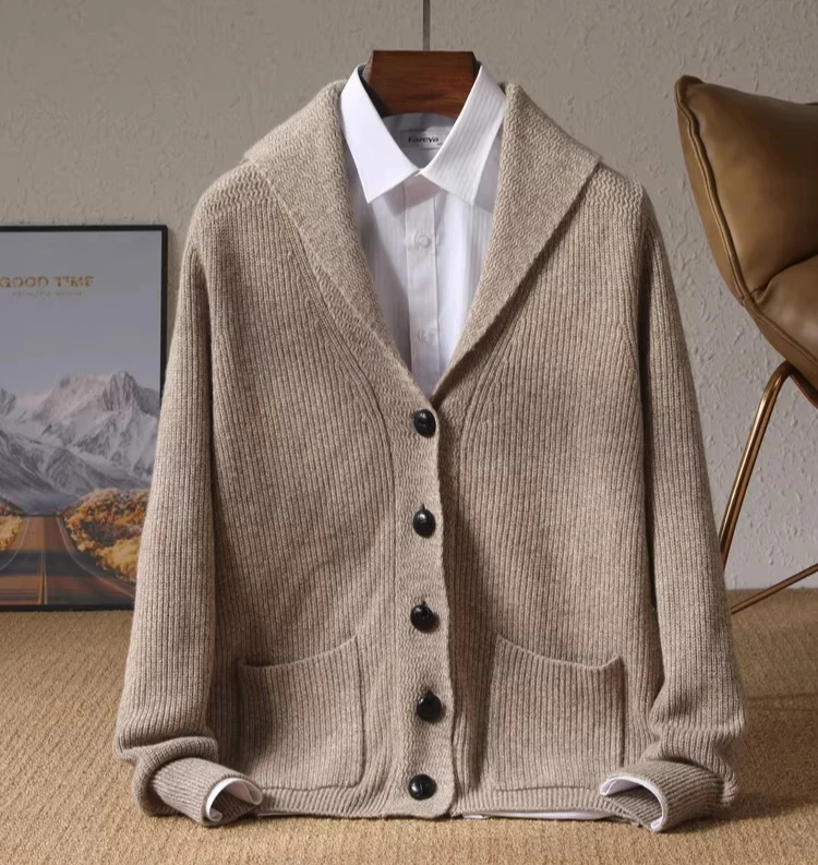 

Утолщенный однотонный свитер из 100% австралийской шерсти с лацканами, деловая повседневная кашемировая вязаная куртка