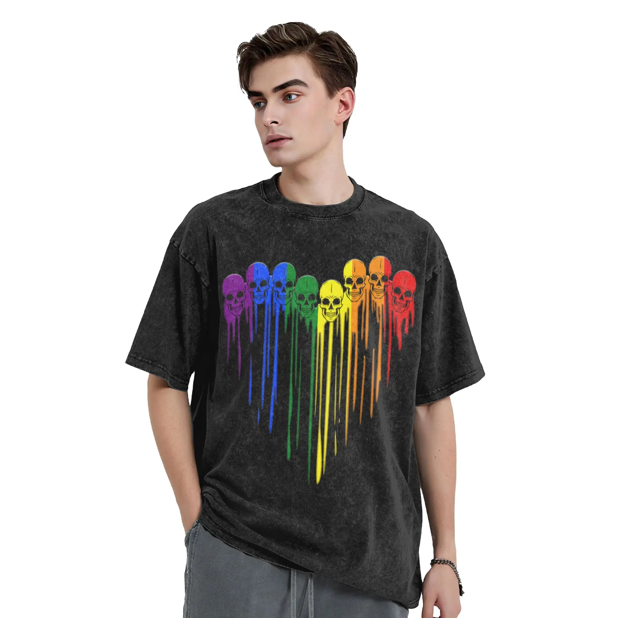 LGBT Gay Pride Skull Rainbow Heart Washed T Shirts Streetwear Hip Hop Casual T-Shirt  Tees for Men Women Oversize Summer