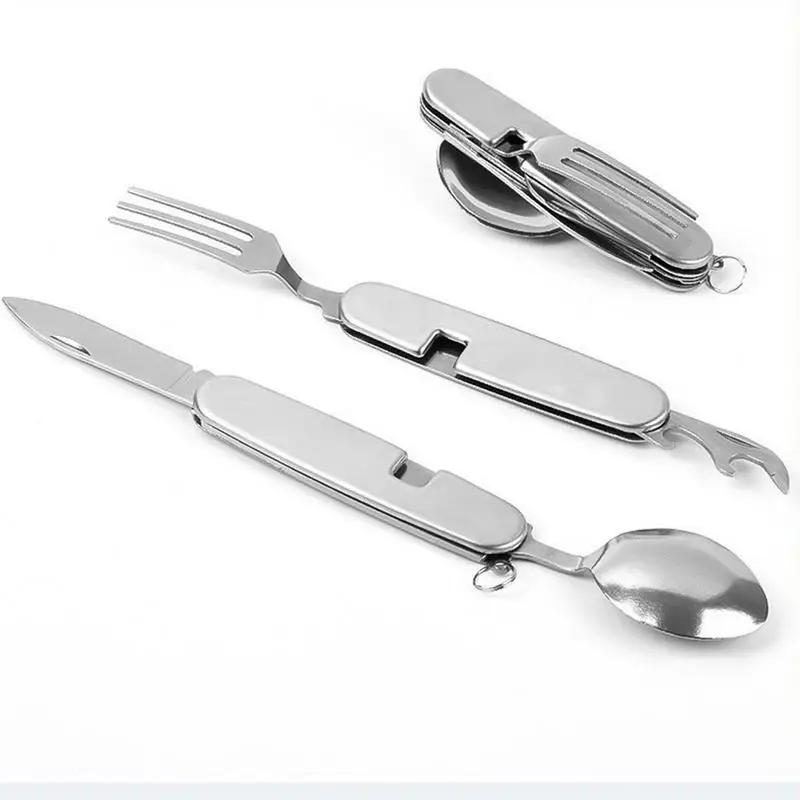 4 in 1 Set di posate da campeggio in acciaio inox pieghevole cucchiaio forchetta coltello apribottiglie Set utensili da campeggio all'aperto stoviglie da Picnic