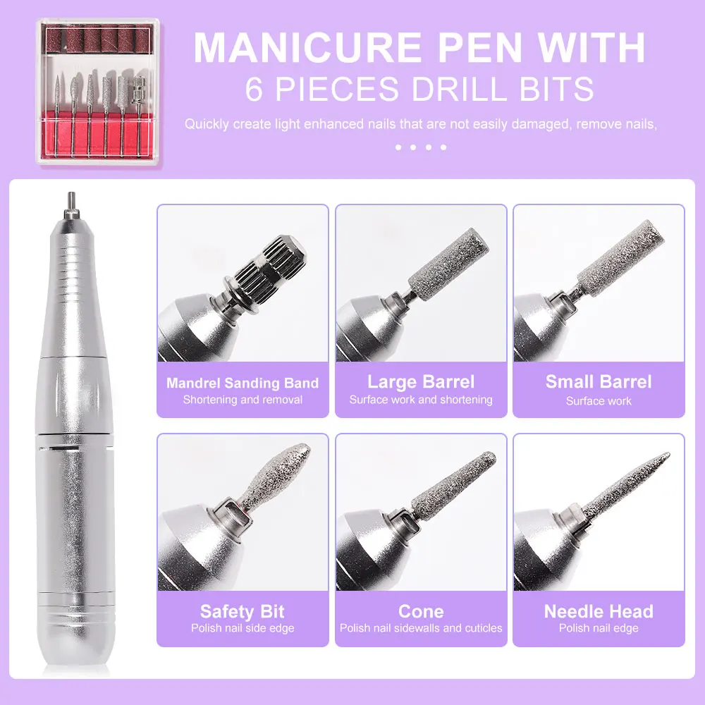 Perceuse à Ongles Portable Rechargeable, 45000RPM, Faible Bruit, Fonction d'Affichage HDLCD, Équipée de 6 Forets, Outils de Manucure