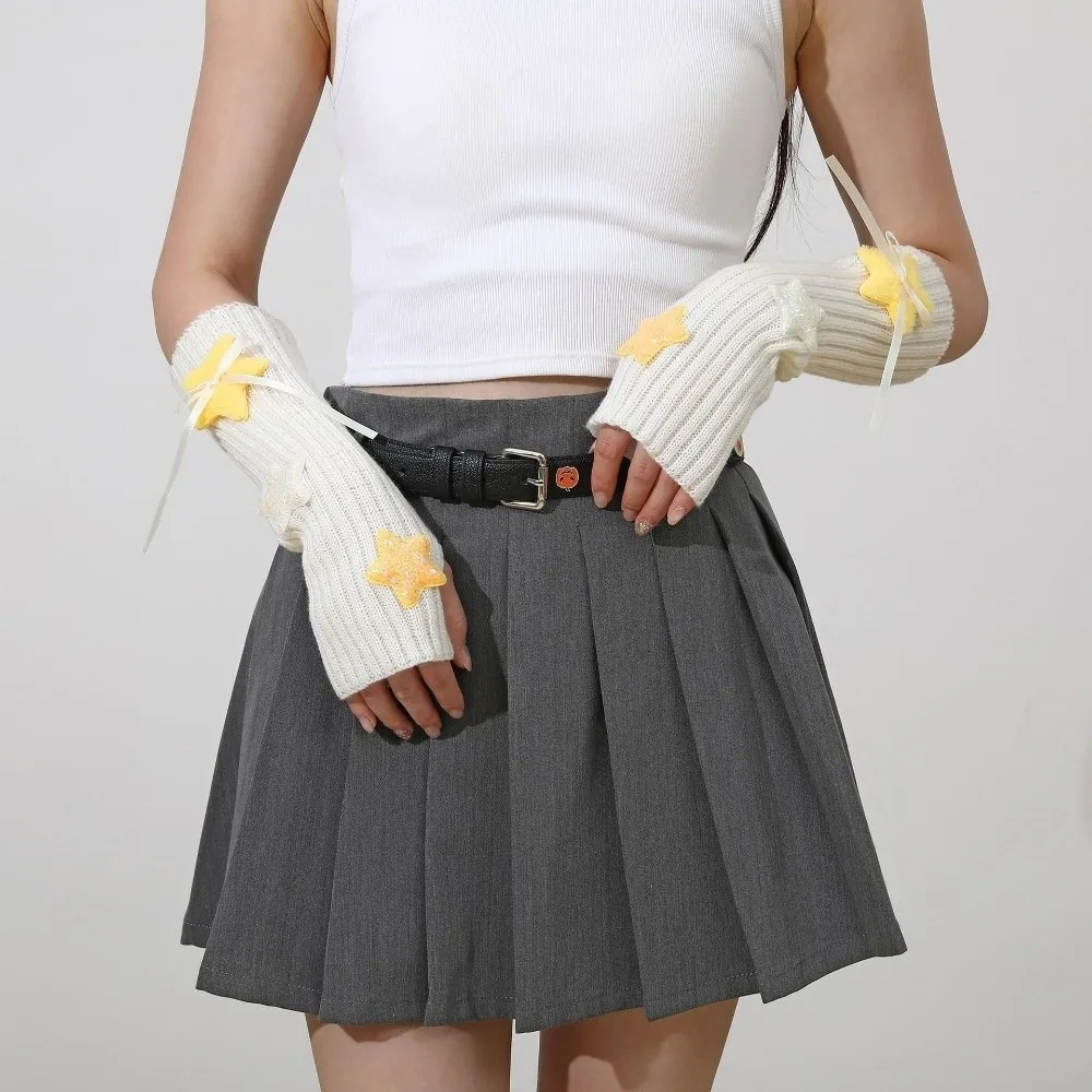 Sequin Star Decorated Fingerless Arm Covers Plush Long Cuff Half Finger Gloves Ribbon Bow Decor Windproof Warm Typing Gloves