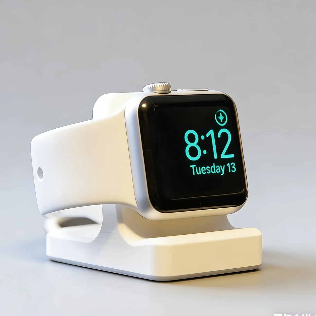 Schwarz-weißer minimalistischer Uhrenständer, speziell für die Apple Watch entwickelt, als Desktop-Ornament geeignet.