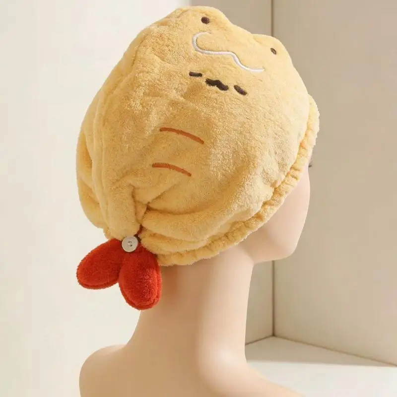 Women's Soft Thickened Shower Cap Quick Dry High Absorbent Cute Fried Shrimp Embroidered Hair Cap for Home Bathroom Shower