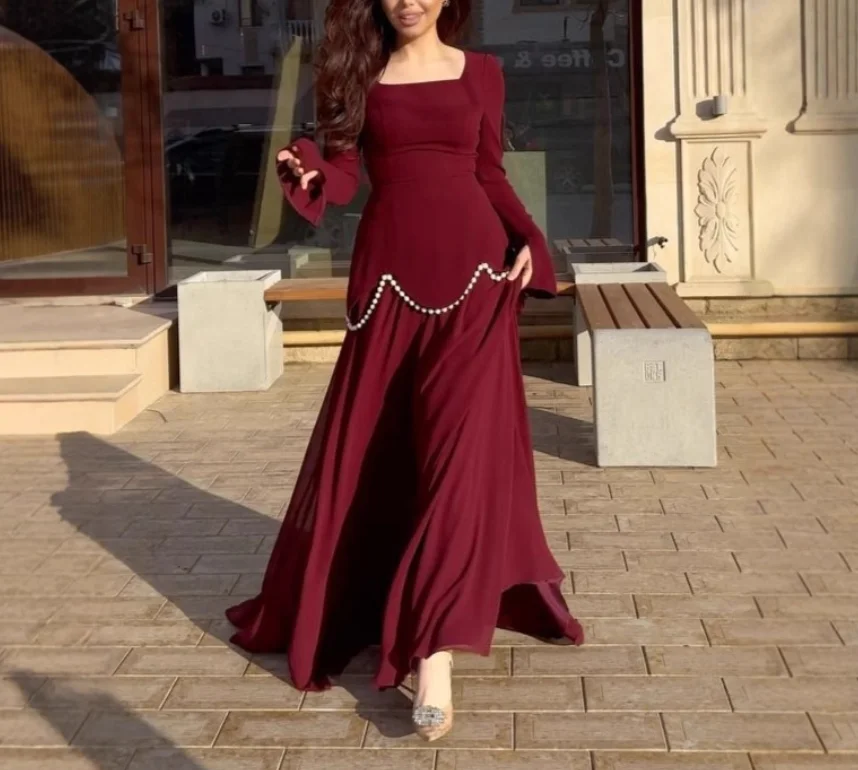 

Square Collar Long Sleeved Elegant Pearl Decoration Patchwork Long Skirt for Women, Solid Color Waist Cinched A-Line Dress