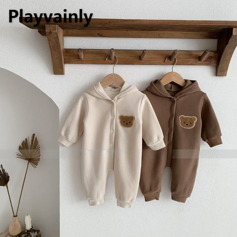

Baby Thickened Fleece Jumpsuit Autumn Winter Apricot Coffee Cartoon Bear Hooded Rompers One-Pieces Casual Infant Clothes Y262