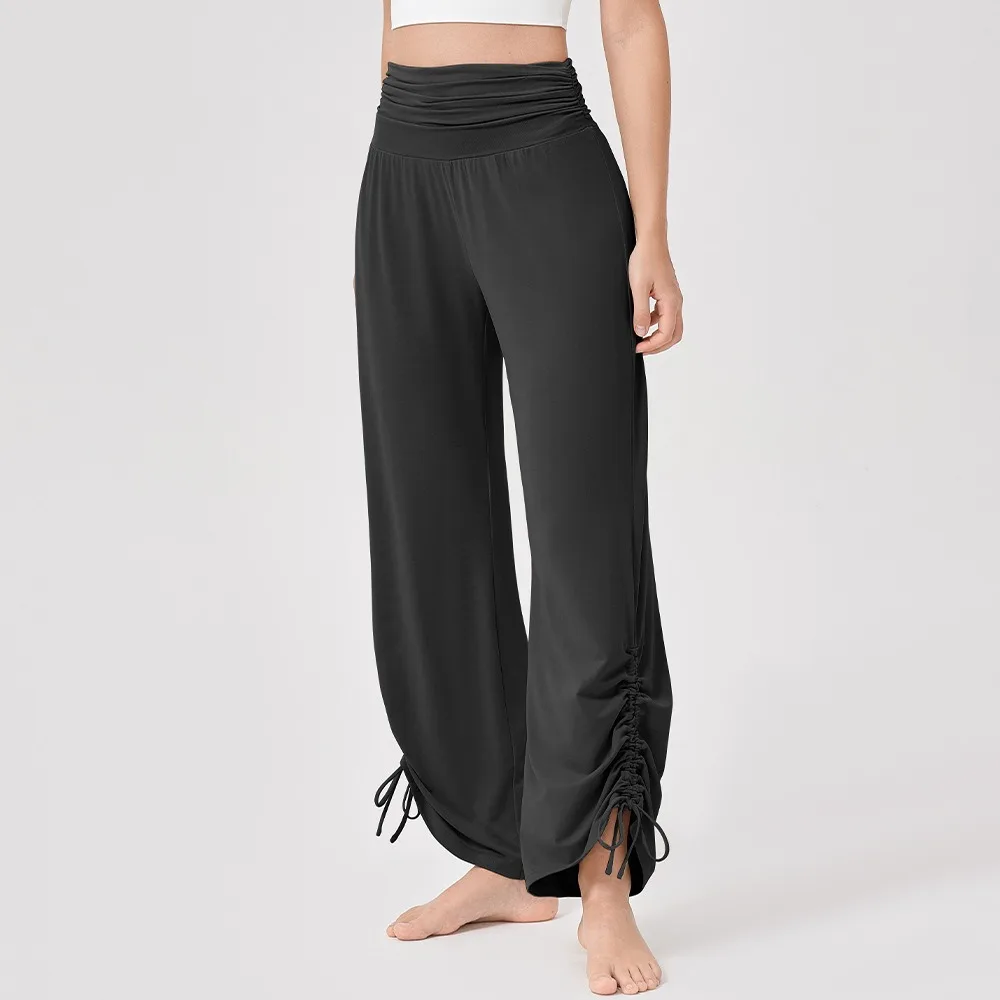 Women High Waist Wide Leg Yoga Pants Loose Draped Soft Breathable Ruched Fitness Dance Workout Trousers