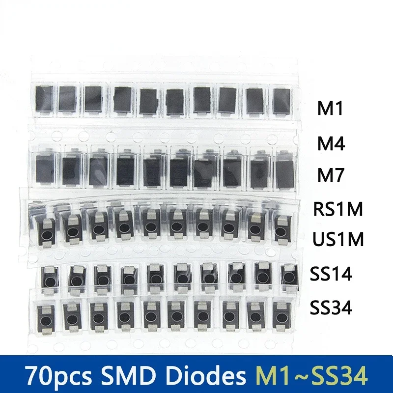 70PCS SMD Diodes 1N4001 M1 1N4004 M4 1N4007 M7 SS14 1N5819 SS34 SR340  US1M RS1M Schottky Diode 7 Values*10pcs Electronic Kit image 6