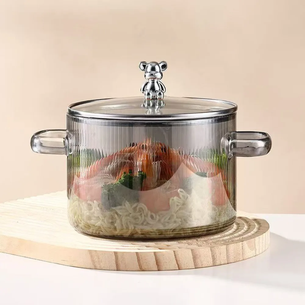 Cacerola de cristal de oso transparente para el hogar, olla de cocina con mango Binaural resistente al calor con tapa, tazón para Ramen de gran capacidad, fideos