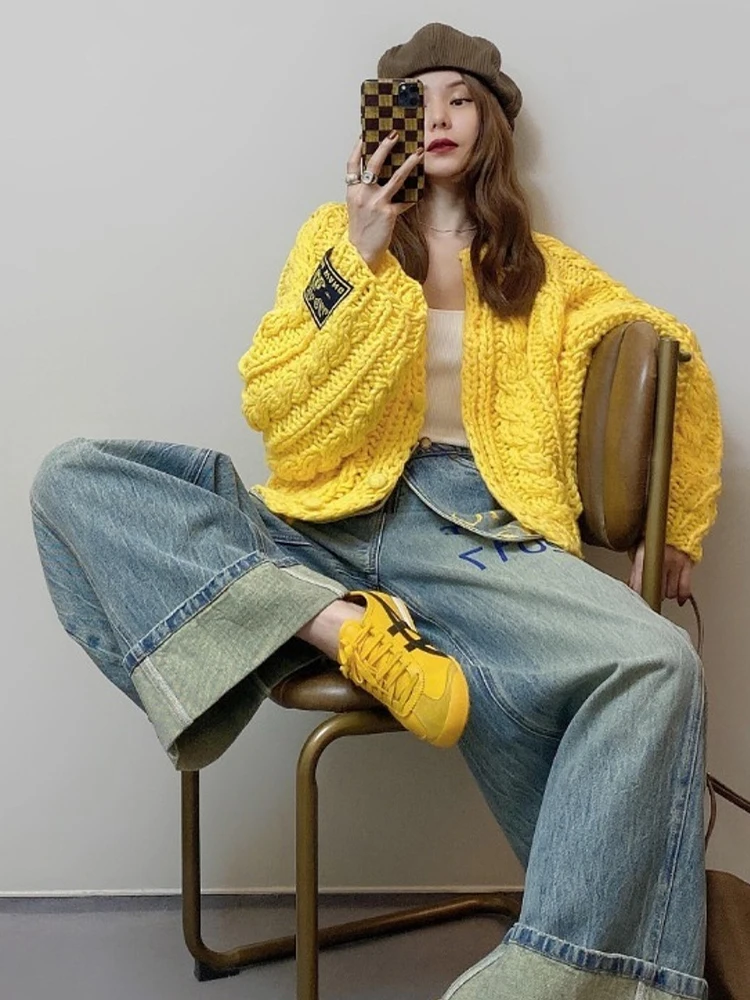 

Korean Sle Loose Lantern Sve Thi Knit Sweater Cardigan Women's Autumn Winter Faion Age Reduction Outerwear Top Trendy