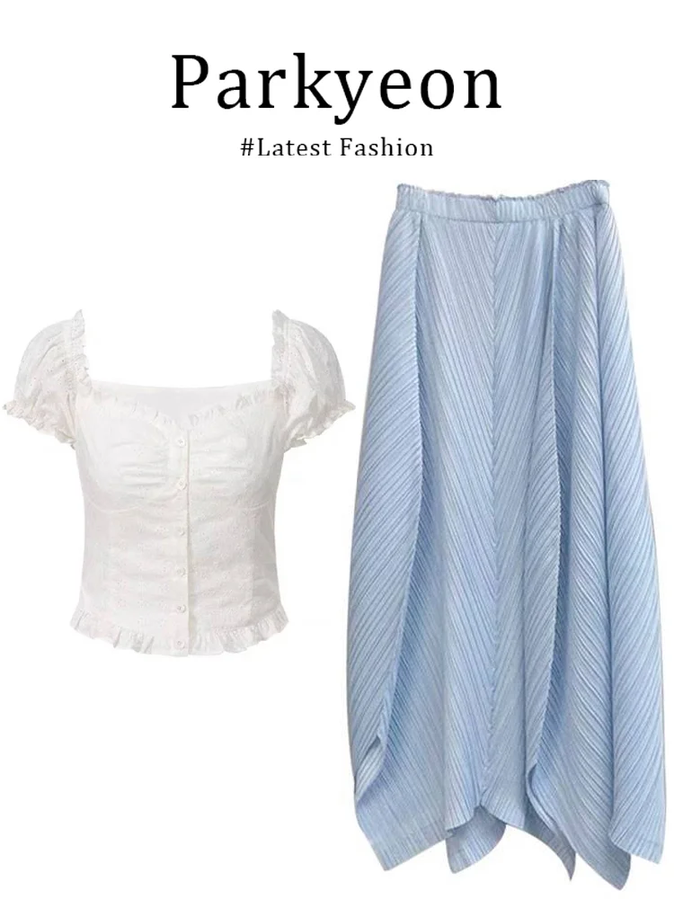

Parkyeon Blue Wave Half Skirt Set Summer Atmosphere Pure Color Slimming Fashionable Sexy Women's Fashion Set Short Sleeve