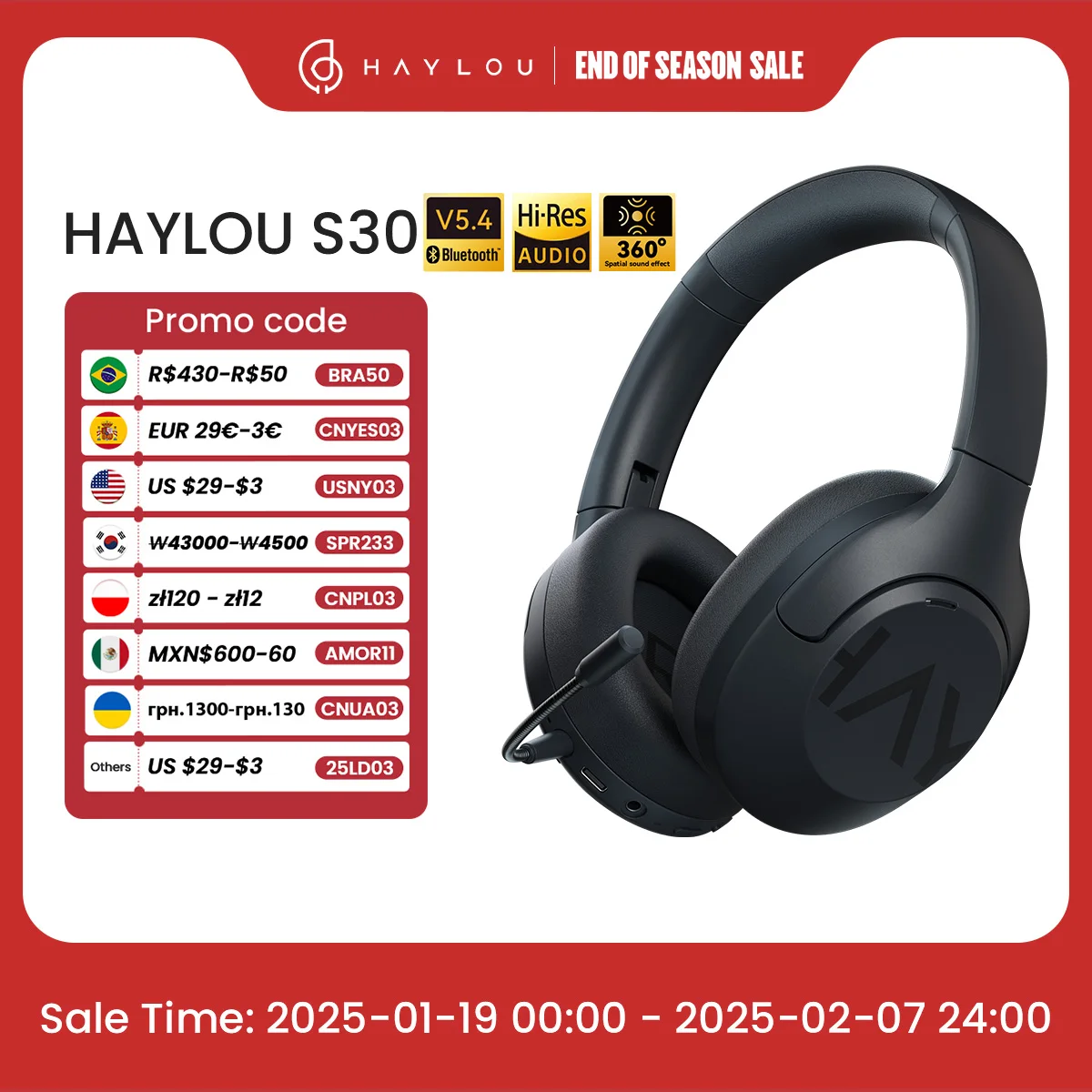 HAYLOU S30 Wireless Bluetooth 5.4 Headphones With Mic Noise Cancelling Headsets Hi-Res Audio 43dB Active 40mm Driver Earphones