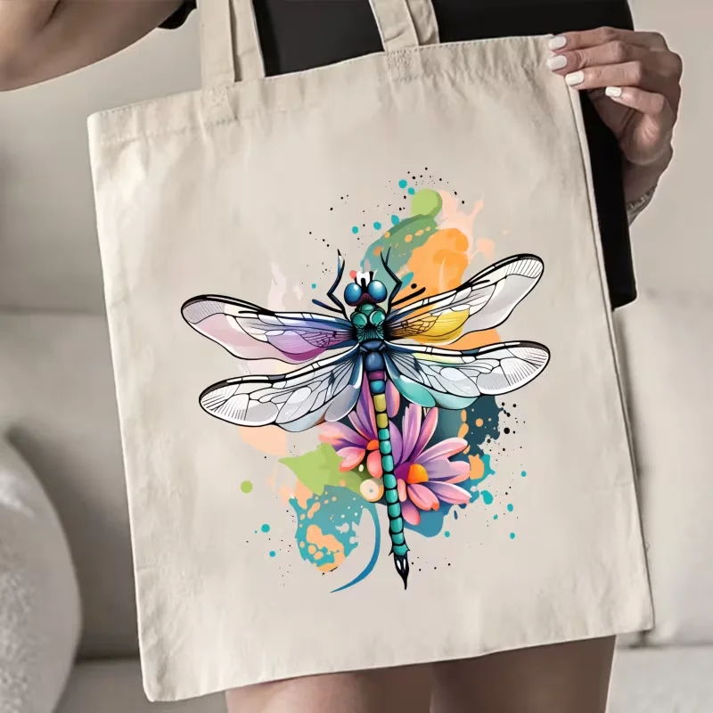 Gradient Dragonfly Daisy Floral Splash Print Canvas Tote Bag Reusable Shoulder Handbag Nature Insect Pattern Shopping Bag