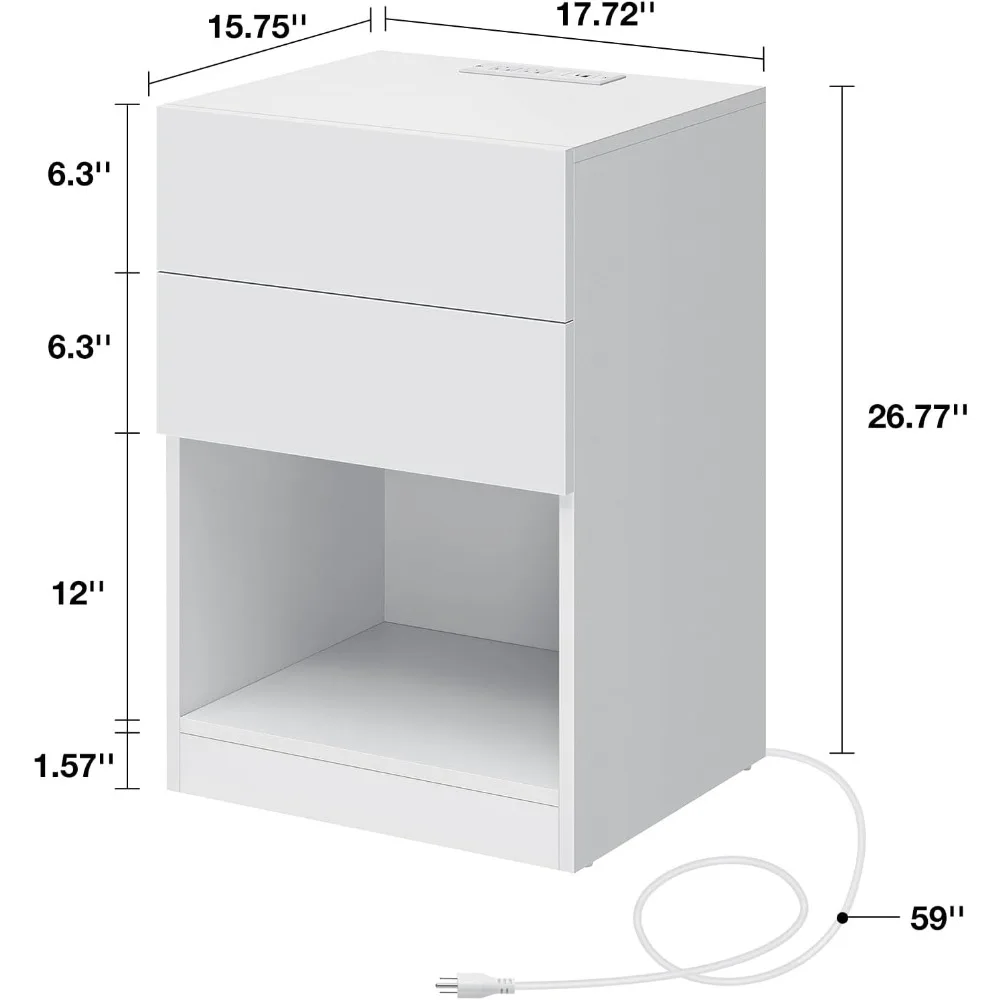 Set of 2 Open Shelf LED Nightstand with Charging Station White Bedside Table 2 Drawer Night Stand with Storage Smart Nightstands