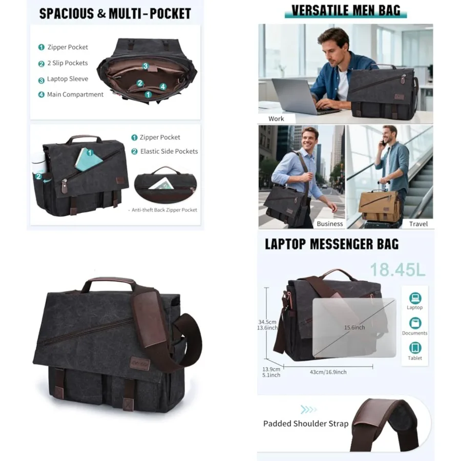 

Messenger Bag for Men, Water Resistant Canvas Satchel 14 15.6 17 Inch Laptop Briefcases Business Shoulder Bag by RAVUO