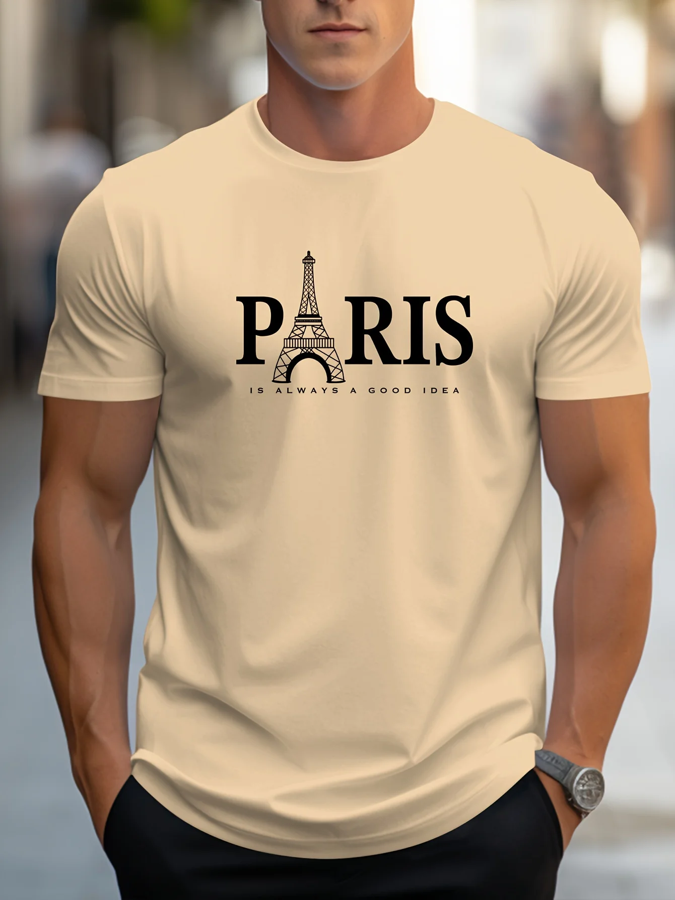 Men's T-Shirt with Eiffel Tower Print, Casual Round-Neck T-Shirt with A Minimalist Design Short-Sleeve Sports and Fitness Top