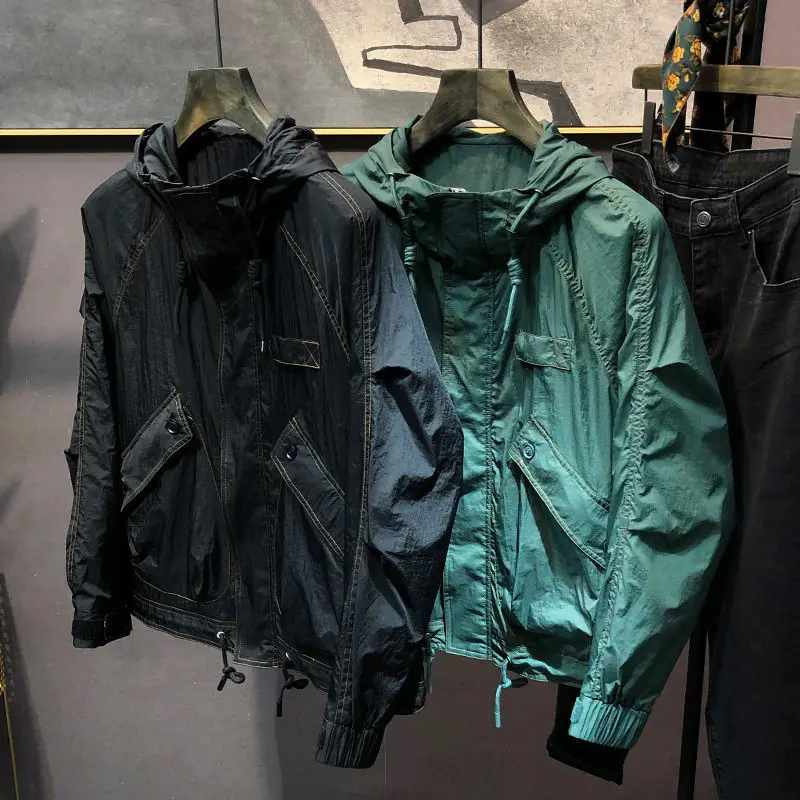 

Summer New Casual Men's Hooded Jaet Trendy Loose Stitching Sun Protection Workwear Thin Outerwear Stand Fit Long Sve