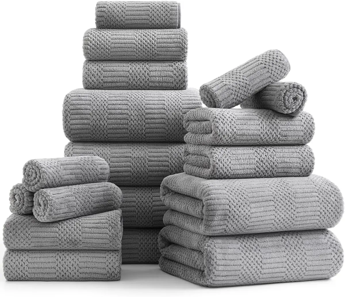 

Набор из 18 серых тканых полотенец для всей семьи: 6 банных полотенец, полотенца для рук, мочалки - мягкая микрофибра, впитывающие, быстросохнущие