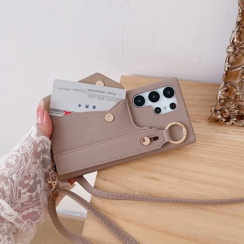 Wrist Strap Crossboby Phone Case for Samsung Galaxy S24 S22 Ultra Plus S23 FE A15 A25 A35 A55 A24 A34 A54 A14 With Card Holder