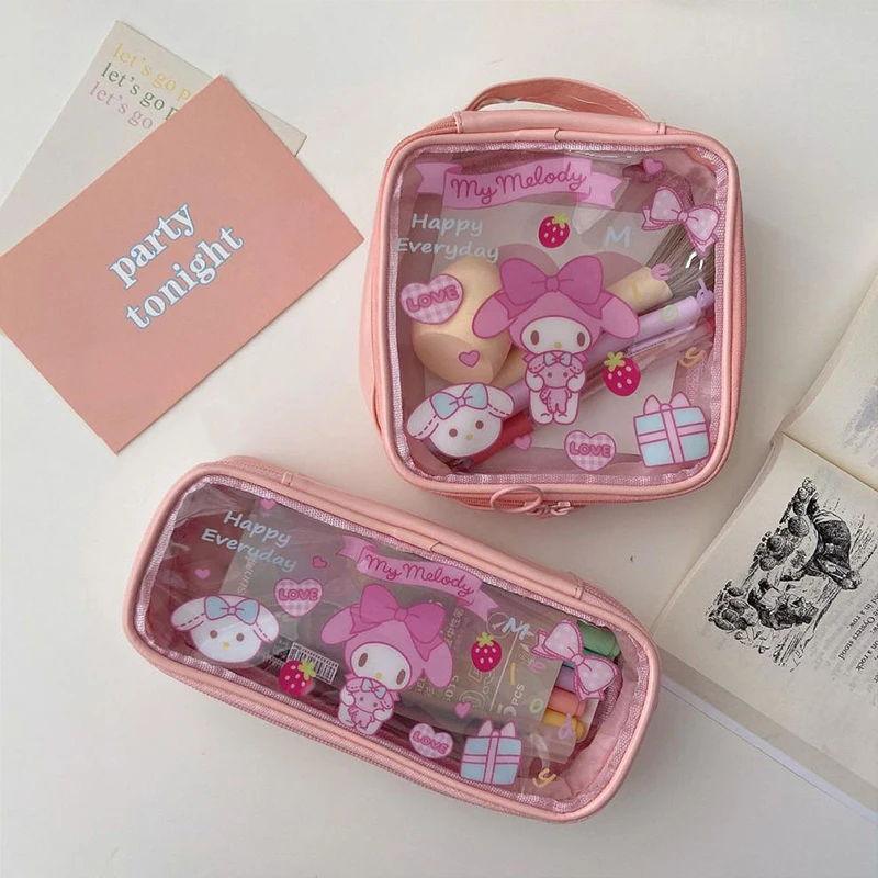 Sanrio Melody Cinnamoroll Kuromi Pencil Bag Translucent Frosting Cosmetic Bag Cartoon Storage Stationery Bag Children Girl Gifts