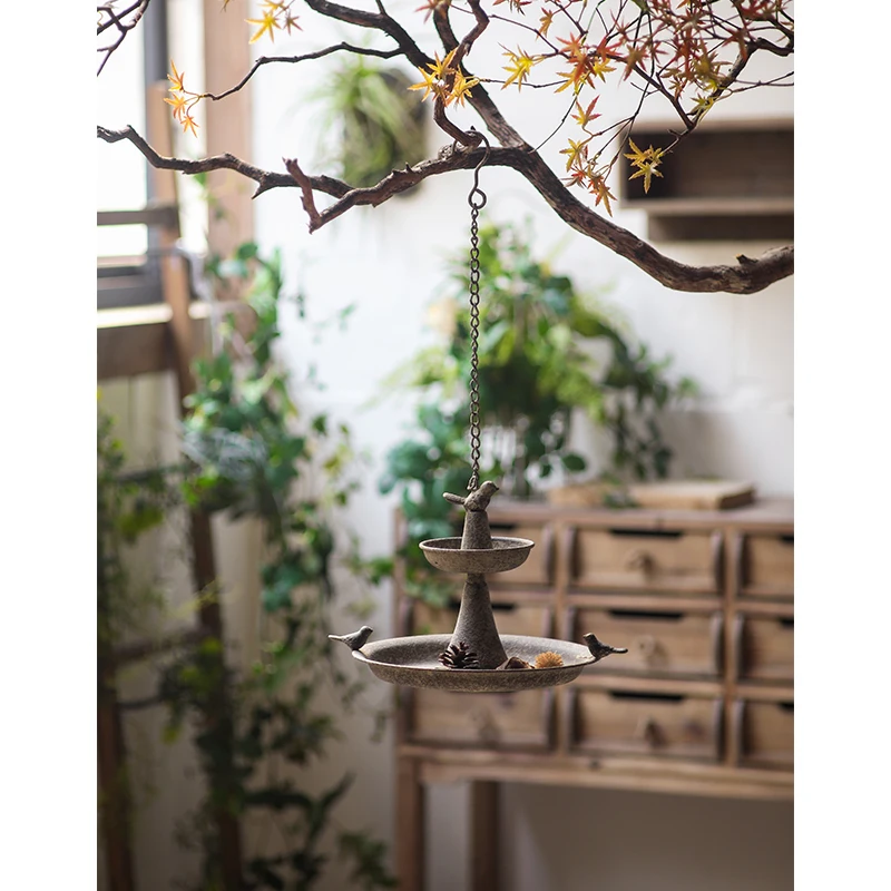 Vintage Iron Hanging Bird Feeder, Dual-Tier Tray Garden Decor, Rustic Balcony Hanging Ornament with Chain Hook