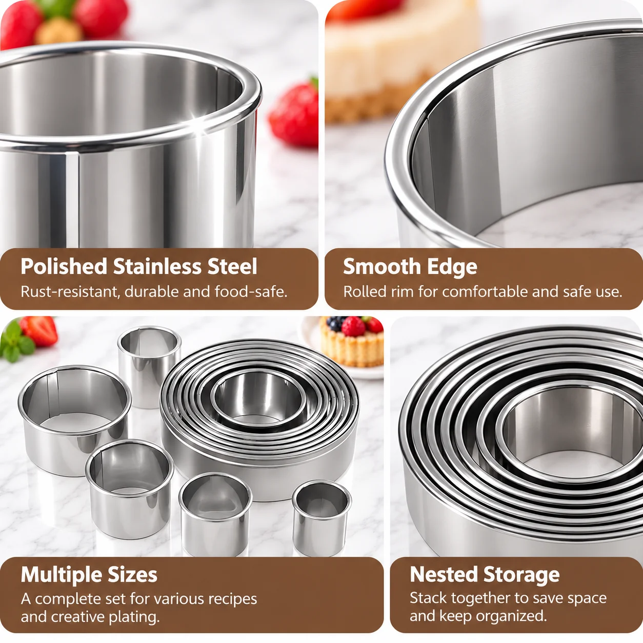 11/12-teiliges Mousse-Ring-Set aus lebensmittelechtem Edelstahl mit gerolltem Rand, leicht zu reinigen, runde Formen zum Formen von Fondant, Gebäck und Donuts für das Backen zu Hause – Detail 5