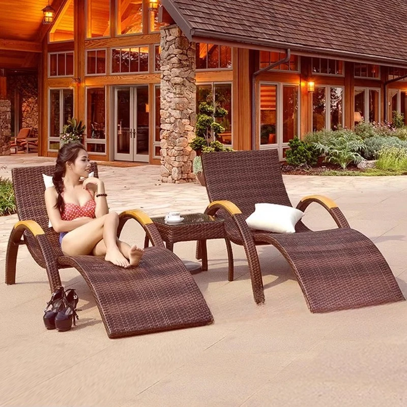 Outdoor bed leisure swimming pool beach chair sun protection waterproof courtyard garden hotel outdoor open-air rattan deck chai