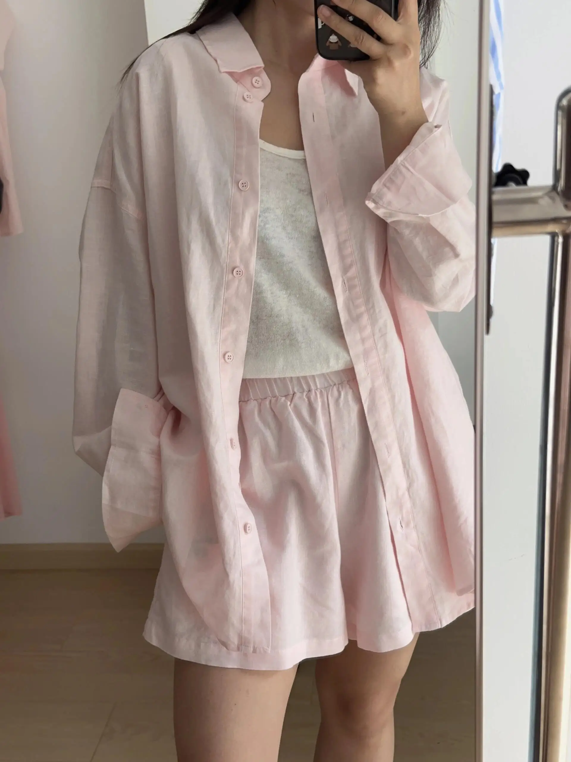 

Sweet Style Pink Collar Loose Fit Summer Shirt High Waist Wide Leg Shorts Women's Two Piece Set Casual Fashion Polyester Fibe...