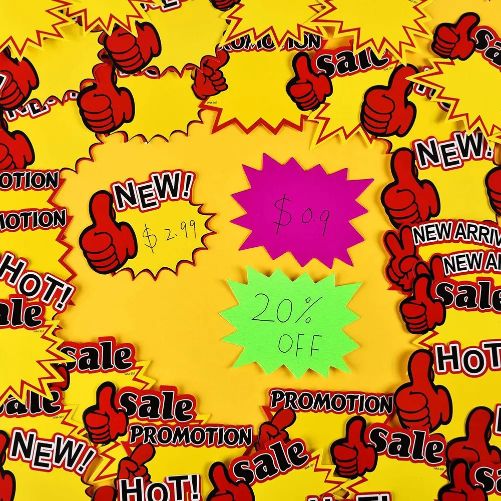 VO-500 قطعة علامات متجر علامات فارغة شكل نجمة بيع بالتجزئة علامات انفجار ورقة علامات لحفلة متجر البيع بالتجزئة ، 10 أنماط