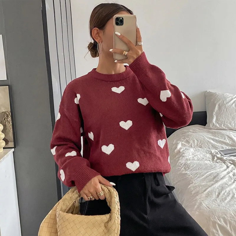 Women's Winter Clothing Sweater Round Neck Long Sleeve Drop Shoulder Loose Fit Color Block Heart Pattern Retro Soft Medium