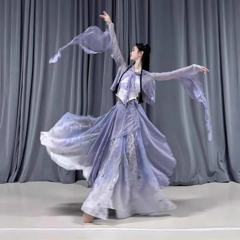 

New 4-Piece Classical Dance Costume Ombre Fairy Chiffon Top with Flared Sleeves & Gradient Skirt Set Performance Practice Outfit