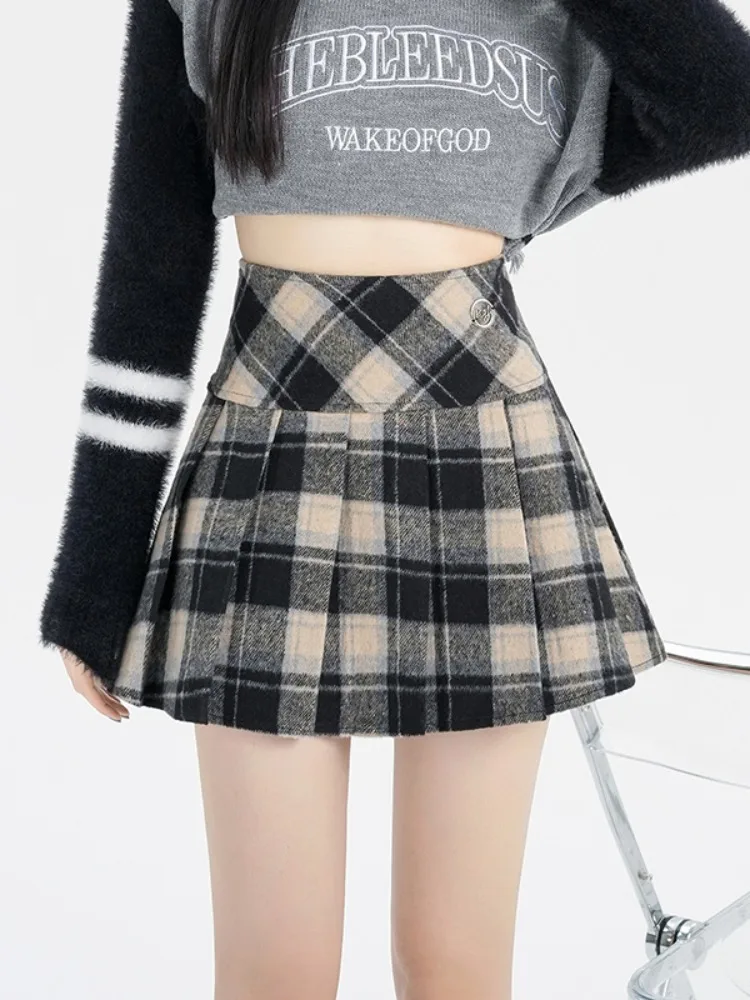 Winter Plaid Skirt Women Vintage Woolen Korea Black Red Preppy Style School Cute Sexy Check Print Pleated Mini Skirt