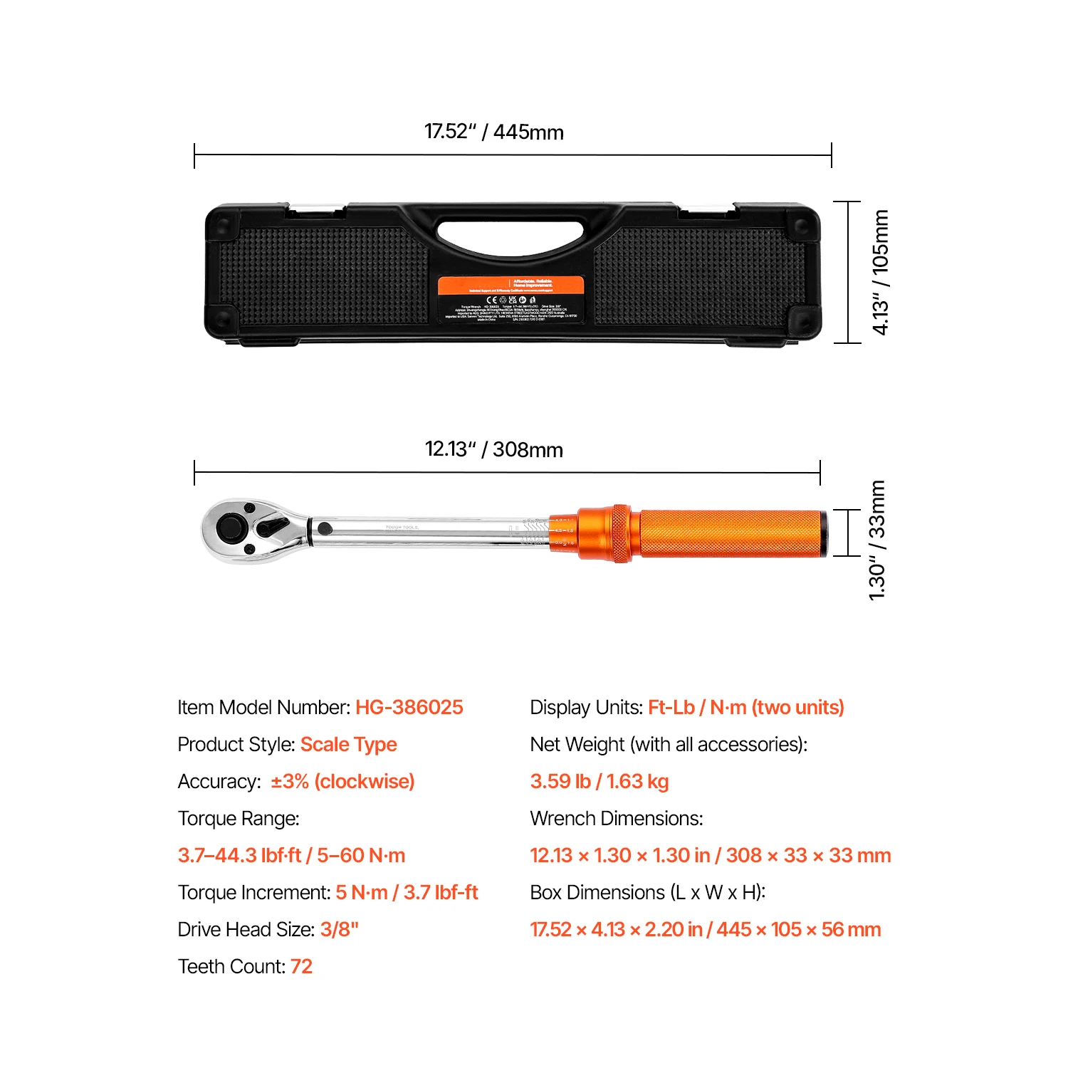 SucceBuy Momentsleutelset Drive Click Momentsleutel Dual-Direction Verstelbare Mechanische Dual Range Weegschalen Momentsleutelset