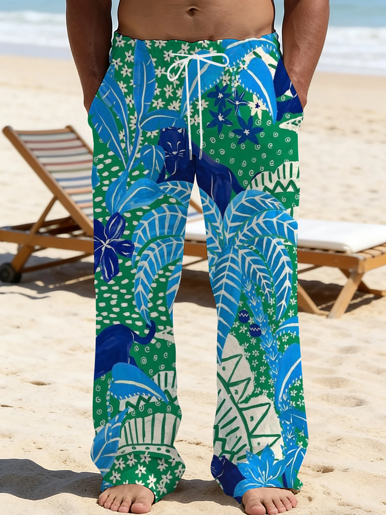 

2026 Men's Printed Straight Leg Pants Vibrant Abstract Pattern Drawstring Waist Loose Fit Summer Beach Casual Swim Shorts
