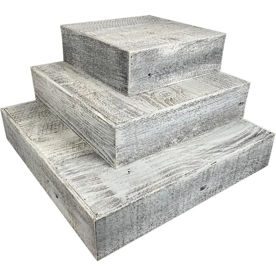 

Wood Cake Stand Set of 3 White Wash Rustic Wooden Wedding Dessert Stand Vintage Sturdy 100% Reclaimed Wood